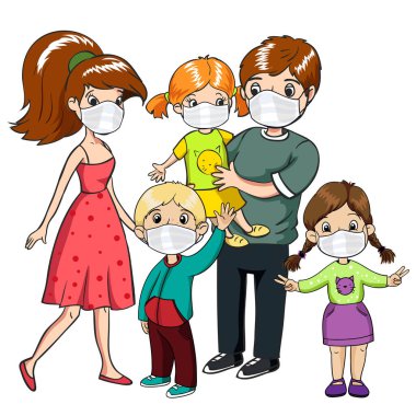 Koruyucu maskeler takan bir aile. Coronavirus, covid-19 koruması. Virüs alarmı.