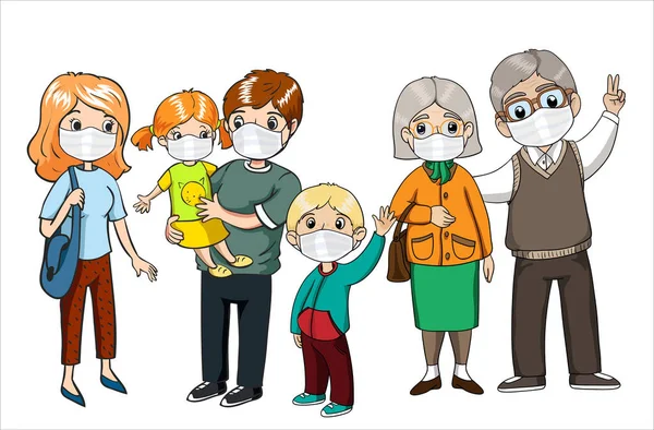 Família usando máscaras protetoras. Coronavírus, proteção covid-19. Alerta de vírus . — Vetor de Stock