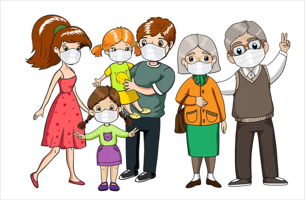 Rodina nosí ochranné masky. Koronavirus, ochrana covid-19. Varování virů. — Stockový vektor