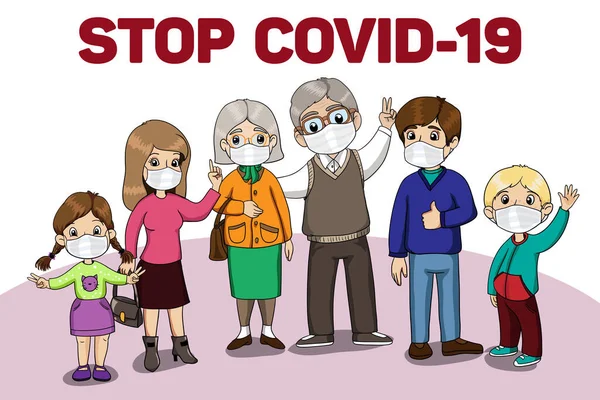 Keluarga memakai topeng pelindung. Coronavirus, perlindungan covid-19. Peringatan Virus. - Stok Vektor