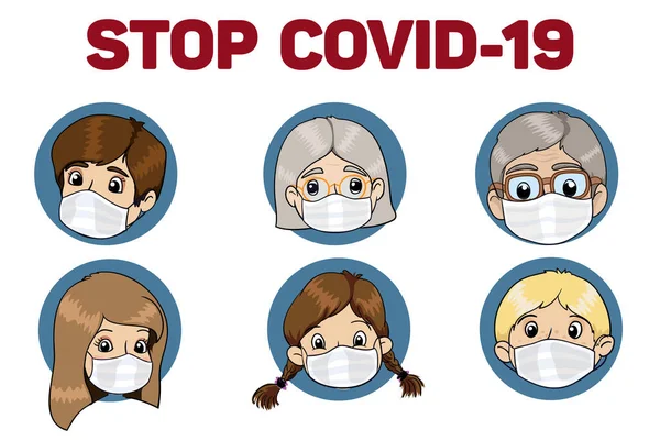 Сім'я в захисних масках. Коронавірус, коїд-19 захист. Вірус пильнує. — стоковий вектор