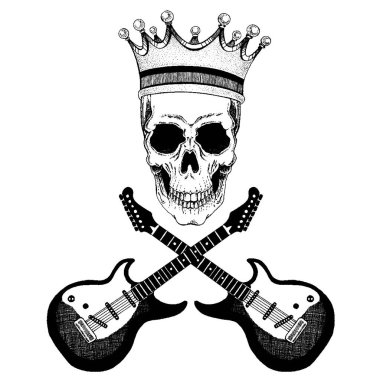 Gitarlı bir kafatası. Gömlek için logo, müzikal poster.