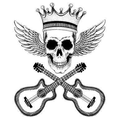 Gitarlı kanatlı vektör kafatası. Gömlek için logo, müzikal poster.