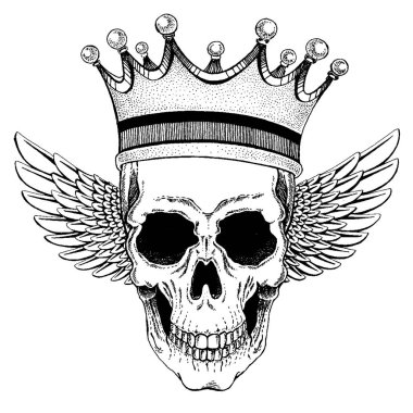 Gitarlı kanatlı vektör kafatası. Gömlek için logo, müzikal poster.