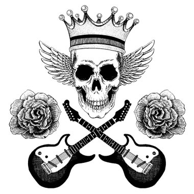 Gitarlı kanatlı vektör kafatası. Gömlek için logo, müzikal poster.