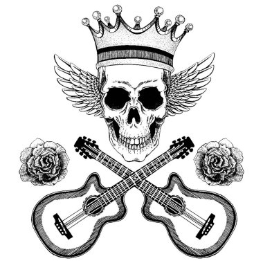 Gitarlı kanatlı vektör kafatası. Gömlek için logo, müzikal poster.