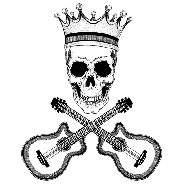 벡터 두개골에 기타가 달린 왕관 이 있고. 셔츠를 위한 로고, 음악 포스터 — 스톡 벡터