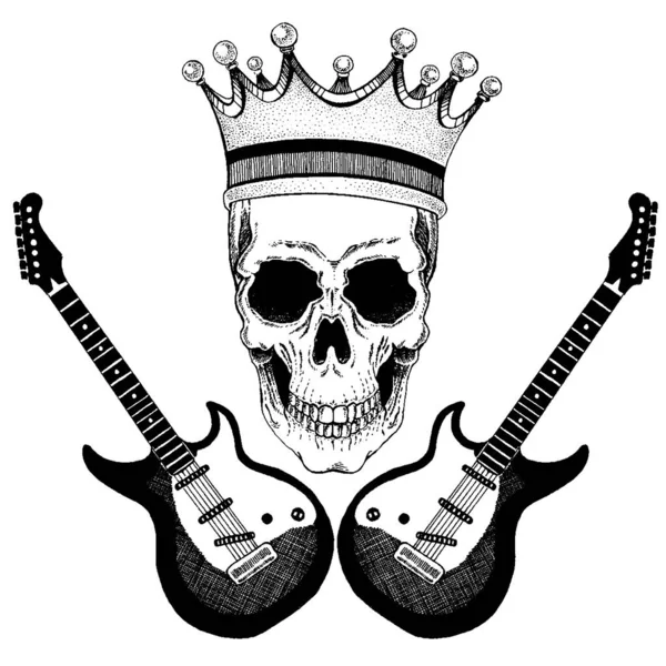 Crânio vetorial com coroa com guitarras. Logotipo para camisa, cartaz musical — Vetor de Stock