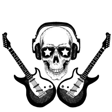 Kulaklıklı, gitarlı bir kafatası. Gömlek için logo, müzikal poster.