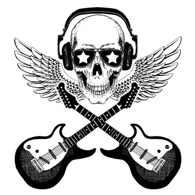 Kulaklıklı, gitarlı bir kafatası. Gömlek için logo, müzikal poster.