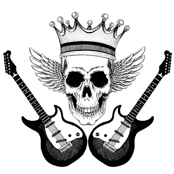 Crânio vetorial com asas em coroa com guitarras. Logotipo para camisa, cartaz musical — Vetor de Stock