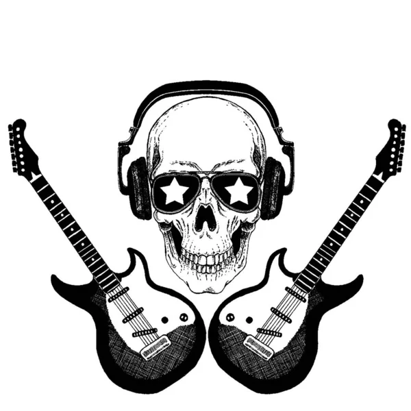 Crânio vetorial em fones de ouvido com guitarras. Logotipo para camisa, cartaz musical — Vetor de Stock