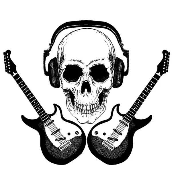 Crânio vetorial em fones de ouvido com guitarras. Logo para camisa, escola on-line musical, educação na internet, tatuagem, cartaz . — Vetor de Stock