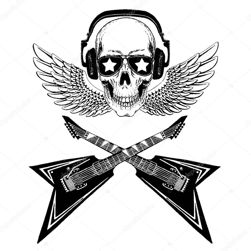 Vector skull in headphones with guitars. Logo for shirt, musical poster