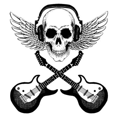 Kulaklıklı, gitarlı bir kafatası. Gömlek için logo, müzikal online okul, internet eğitimi, dövme, poster.