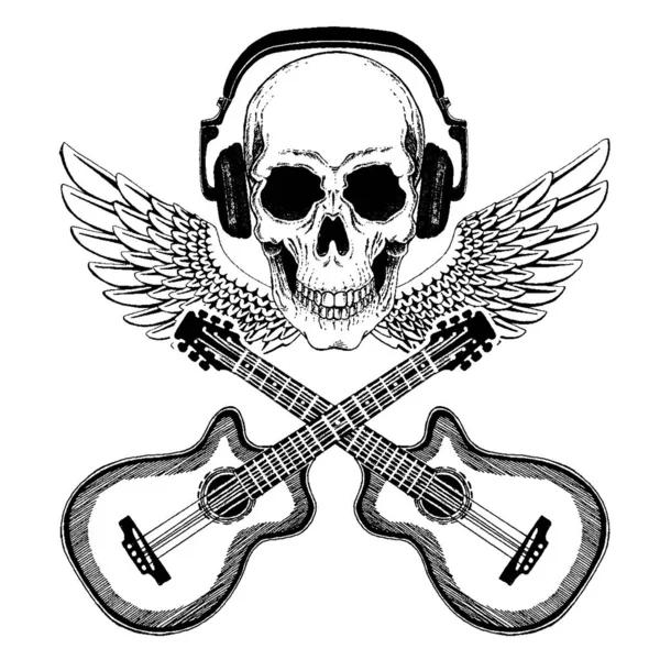 Calavera vectorial en auriculares con guitarras. Logo para camisa, escuela en línea musical, internet education, tattoo, poster . — Vector de stock