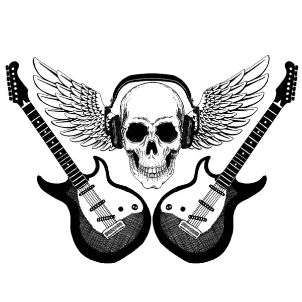 Crânio vetorial em fones de ouvido com guitarras. Logo para camisa, escola on-line musical, educação na internet, tatuagem, cartaz . — Vetor de Stock