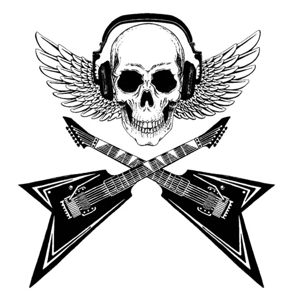 Crâne vectoriel dans les écouteurs avec guitares. Logo pour chemise, école musicale en ligne, éducation internet, tatouage, affiche . — Image vectorielle