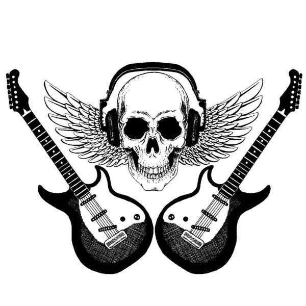 Vektorová lebka ve sluchátkách s kytarou. Logo pro tričko, hudební online škola, internetové vzdělávání, tetování, plakát. — Stockový vektor
