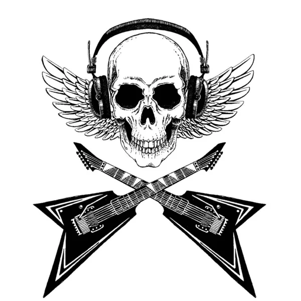 Vektorová lebka ve sluchátkách s kytarou. Logo pro tričko, hudební online škola, internetové vzdělávání, tetování, plakát. — Stockový vektor