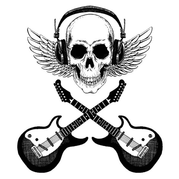 Crâne vectoriel dans les écouteurs avec guitares. Logo pour chemise, école musicale en ligne, éducation internet, tatouage, affiche . — Image vectorielle