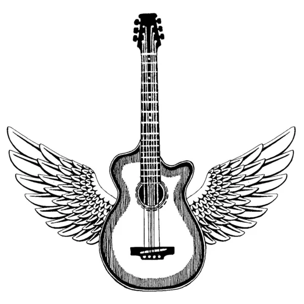 Guitarra vectorial acústica con alas. Emblema de la escuela musical, festival. Heavy metal, rock, jazz . — Vector de stock