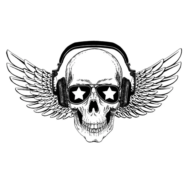 头戴带翅膀的耳机的矢量骷髅。衬衫、音乐海报的标志 — 图库矢量图片