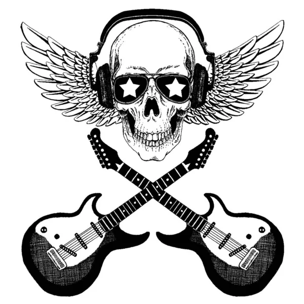 Vektorová lebka ve sluchátkách s kytarou. Logo na košili, hudební plakát — Stockový vektor