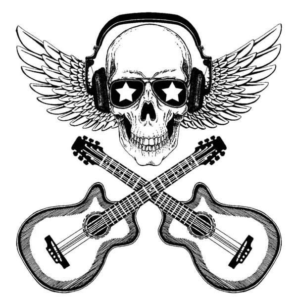 Vektor-Totenkopf in Kopfhörern mit Gitarren. Logo für Hemd, Musikposter — Stockvektor