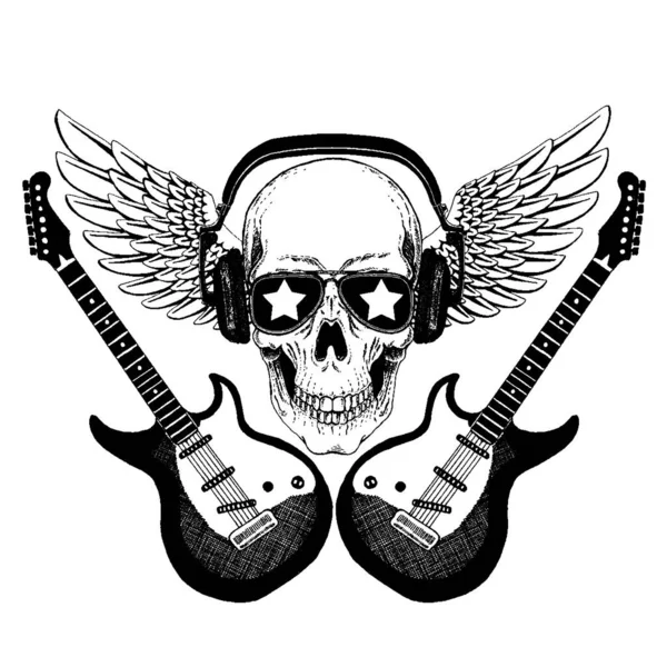 Kulaklıklı, gitarlı bir kafatası. Gömlek için logo, müzikal poster. — Stok Vektör