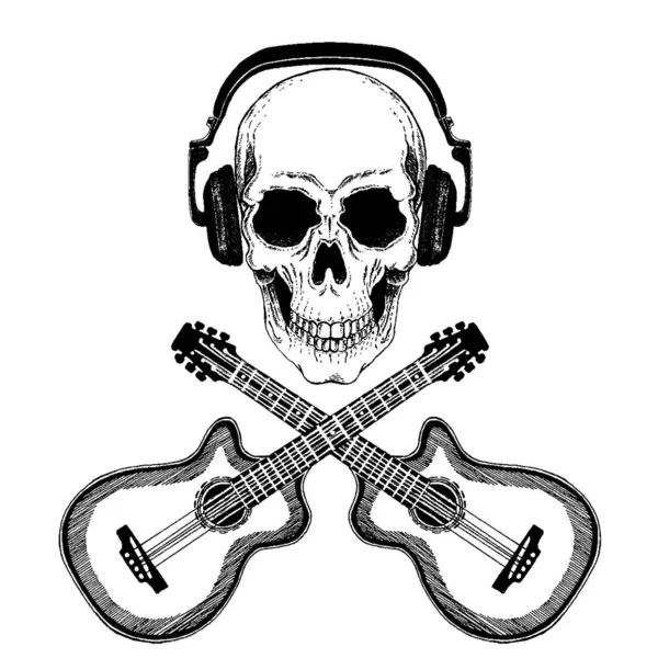 Vector skull in headphones with guitars. Logo for shirt, musical poster — Stock Vector