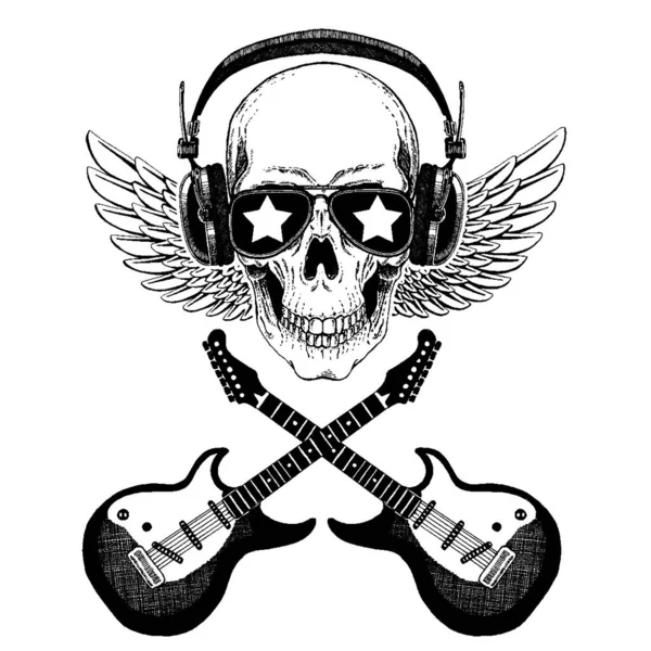 Calavera vectorial en auriculares con guitarras. Logo para camisa, escuela en línea musical, internet education, tattoo, poster . — Archivo Imágenes Vectoriales