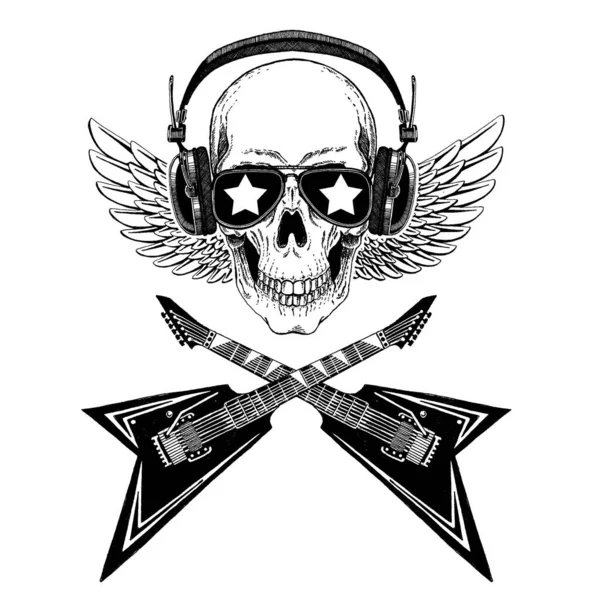 Векторний череп у навушниках з гітарами. Логотип для сорочки, музична онлайн школа, інтернет-освіта, татуювання, плакат . — стоковий вектор