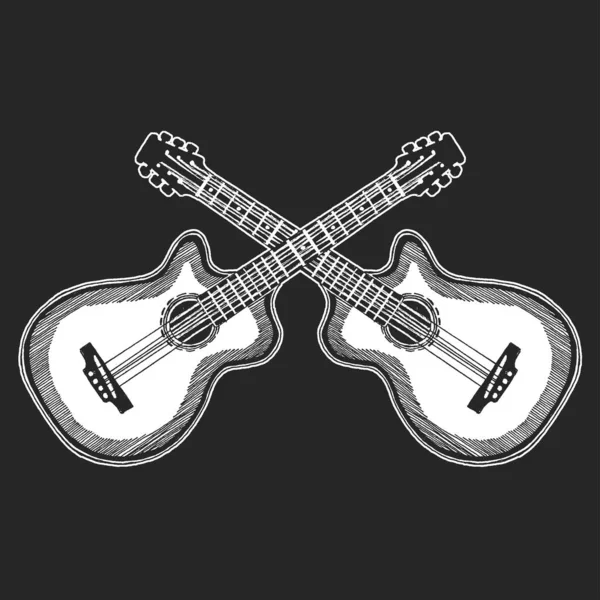 Akustik vektör gitarın simgesi. İnternetteki müzik okulu. Müzik eğitimi. Heavy metal, rock. Gömlek için parmak izi al, T-E. Dövme tasarımı. — Stok Vektör