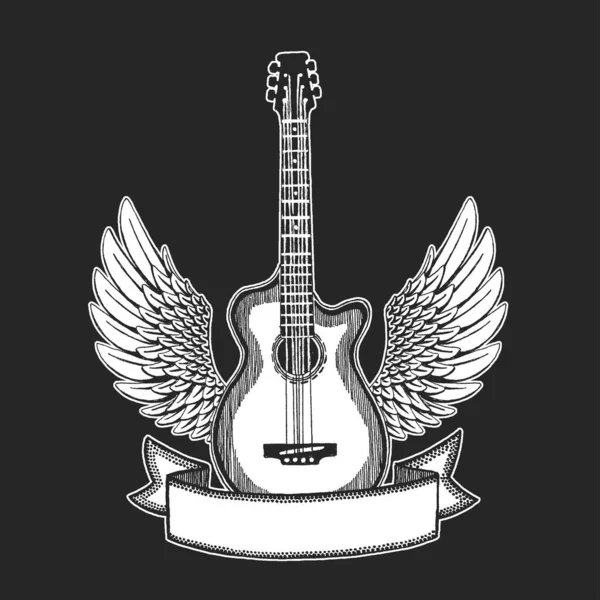翼を持つベクトルロックギター。ポスター、タトゥー、ティーシャツ用のプリント。オンライン音楽教育。インターネットギターレッスン. — ストックベクタ