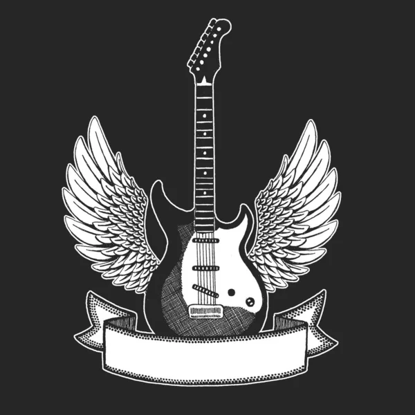 Векторна рок-гітара з крилами. Друк для плаката, татуювання, сорочка. Музична освіта онлайн. Уроки гри на гітарі. — стоковий вектор