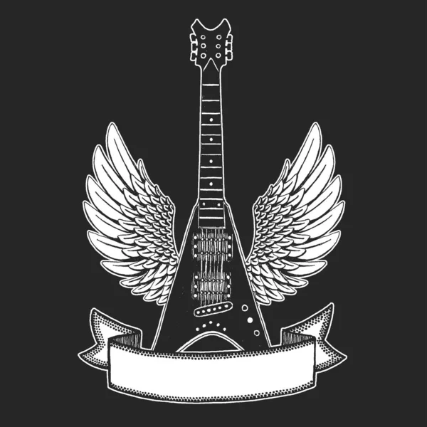 Guitarra rock vectorial con alas. Imprimir para póster, tatuaje, camiseta. Educación musical en línea. Clases de guitarra en Internet . — Vector de stock