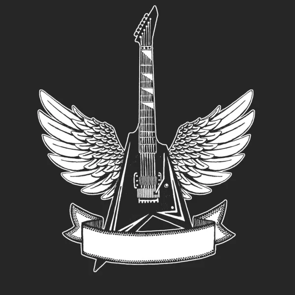 Guitare vectorielle rock avec ailes. Imprimer pour affiche, tatouage, tee-shirt. Éducation musicale en ligne. Cours de guitare Internet . — Image vectorielle
