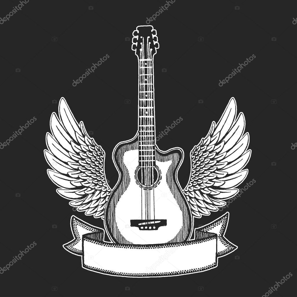 Vector rock guitar with wings. Print for poster, tattoo, tee shirt. Online musical education. Internet guitar lessons.