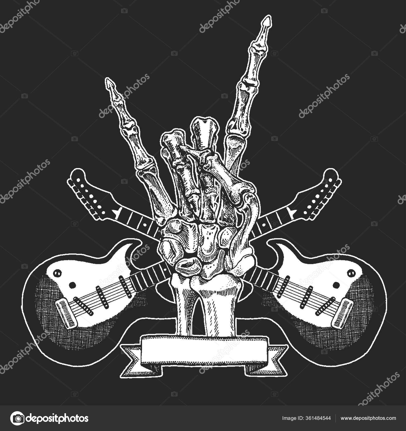 Rock heavy metal, música hard rock esqueleto símbolo de la mano. Icono del  vector . Vector de stock #361484544 de ©Helen_F, image size:1600x1700