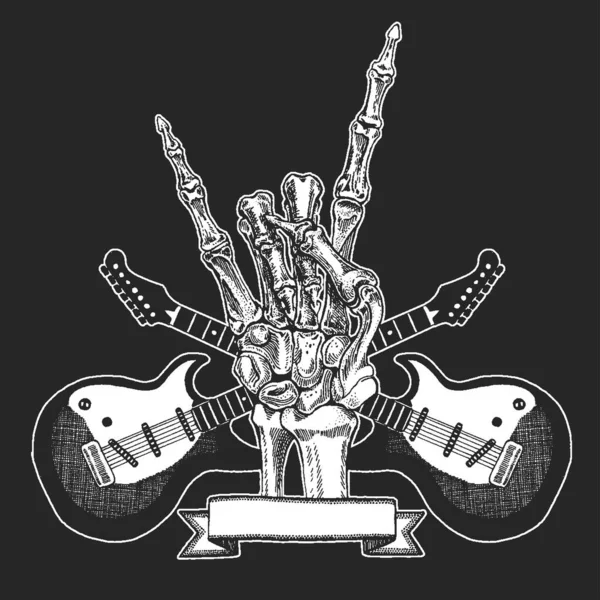 Rock heavy metal, musica hard rock simbolo della mano dello scheletro. Icona del vettore . — Vettoriale Stock