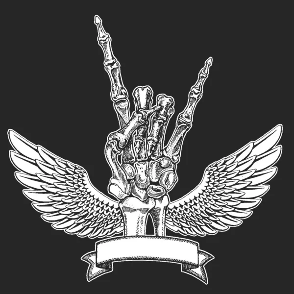 Rock heavy metal, hard rock music skeleton hand symbol. Vector icon. — Stock Vector