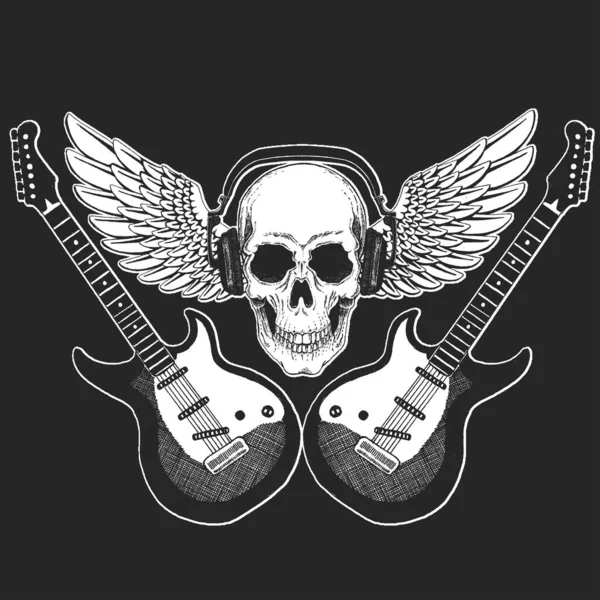 Φεστιβάλ ροκ μουσικής. Ωραίο σχέδιο με κρανίο και ακουστικά για αφίσα, πανό, t-shirt. Κιθάρες, φτερά — Διανυσματικό Αρχείο