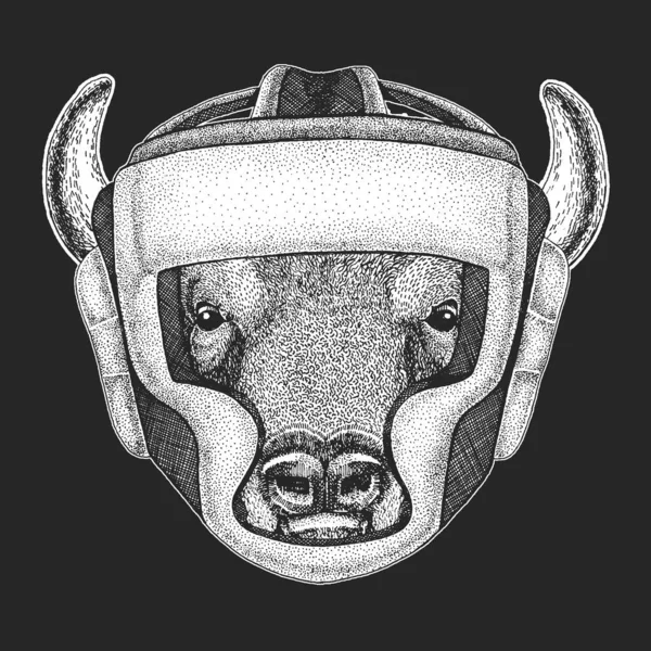 Buffalo, bison, tête de taureau. casque oxing. Boxer. Portrait d'animaux . — Image vectorielle