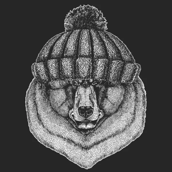 Vildbjörn. Vinterstickad mössa. Porträtt av djur för emblem, logotyp, t-shirt. — Stock vektor