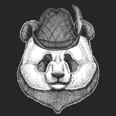 Büyük panda, bambu ayı portresi. Oktoberfest. Tirol geleneksel şapkası. Bira festivali. Şirin bir hayvanın yüzü. Ayı kafası..