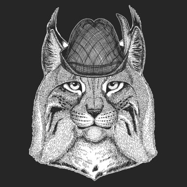 Vaşak, vaşak, trot portresi. Oktoberfest. Tirol geleneksel şapkası. Bira festivali. Vahşi kedinin başı. Hayvan suratı..