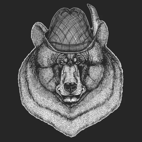 Wild bear. Oktoberfest. Tirol traditional hat. Beer festival. Portrait of animal for emblem, logo, tee shirt. — Stock Vector