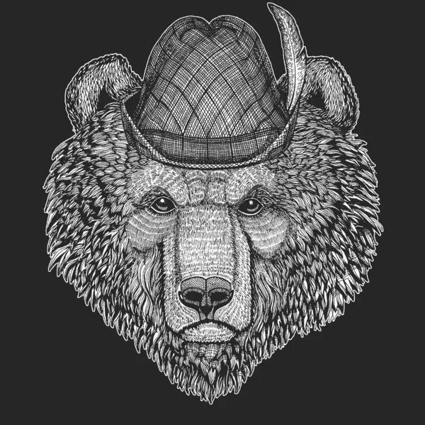 Wild bear. Oktoberfest. Tirol traditional hat. Beer festival. Portrait of animal for emblem, logo, tee shirt. — Stock Vector