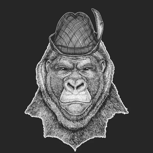 बंदर, गोरिल्ला, बंदर। ओक्टोबर्फेस्ट। तिरोल पारंपरिक टोपी। बीयर त्योहार . — स्टॉक वेक्टर